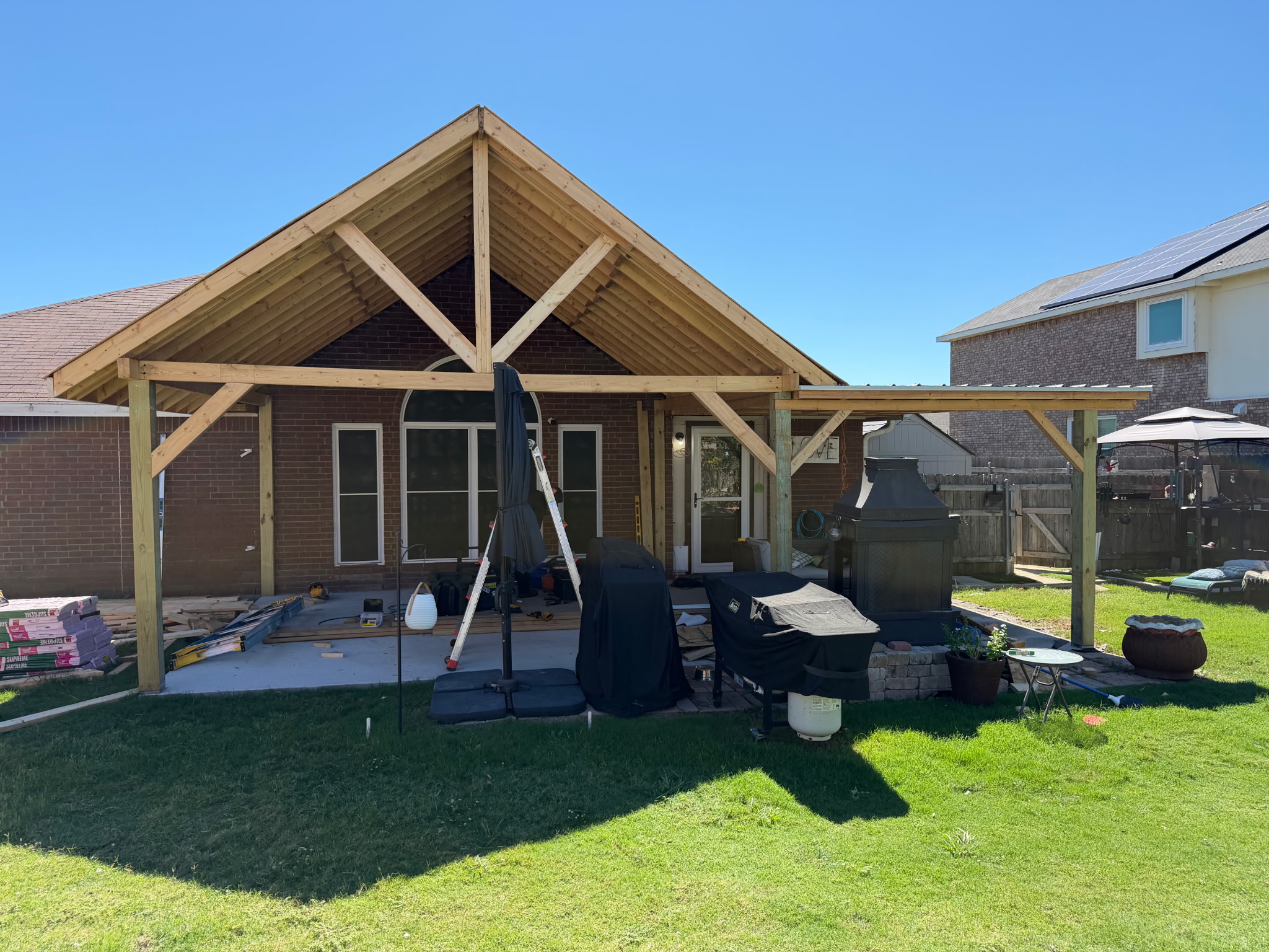 Front view of the timber patio roof structure